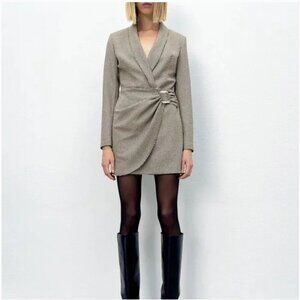 ZARA HOUNDSTOOTH BLAZER DRESS Crystal buckle Size M NEW WITH TAG!
